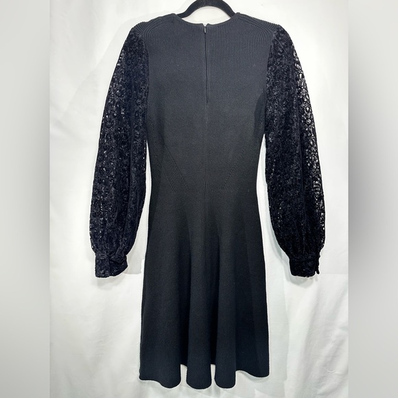 $1495 Lela Rose Black Flocked Lace Blouson Sleeve Dress - Picture 7 of 7